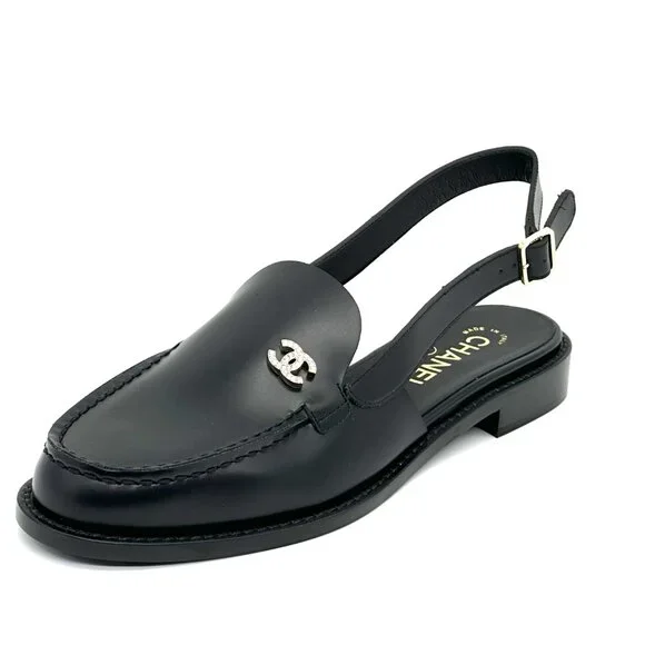 CHANEL 25P 2025 Crystal CC Logo Leather Slingback Flat Loafers Shoes Sandals - Picture 6 of 16